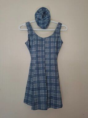 Vintage 90s denim-print one-piece skirted swimsuit with swim cap, US size S